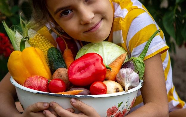 Un enfant tient une récolte de légumes dans ses mains Mise au point sélective