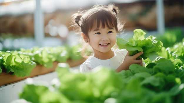 L'enfant tient une salade fraîche cueillie dans la serre
