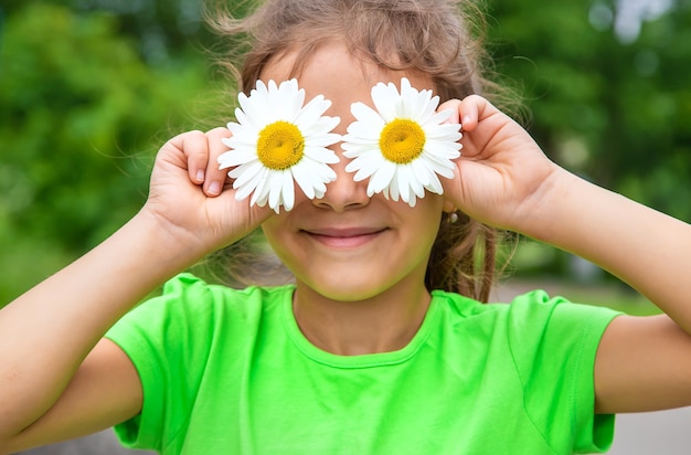 L'enfant tient des yeux de camomille sur son visage. Mise au point sélective. Nature.