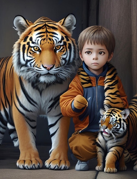 Photo un enfant avec un tigre