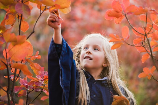 Enfant touchant les feuilles à l'extérieur lors d'une promenade dans le parc