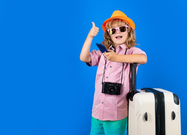 Photo enfant touriste avec sac de voyage voyageant kid avec valise sur fond isolé de studio