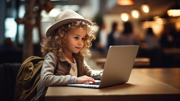 Enfant travaillant sur un ordinateur portable, fille indépendante ou étudiante IA générative