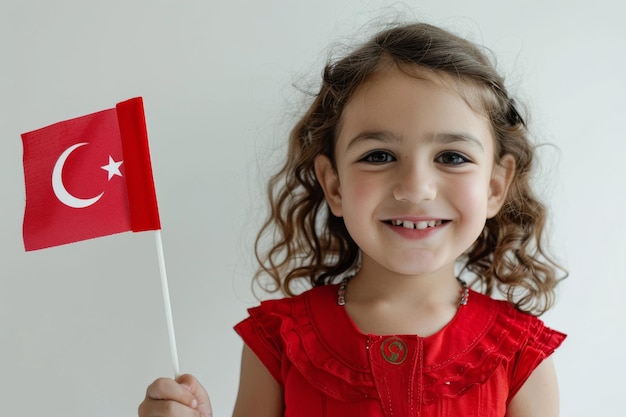 enfant turc souriant avec drapeau national national à la main sur fond blanc