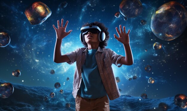 Un enfant utilisant la réalité virtuelle pour explorer l'univers la technologie futuriste de l'éducation et du divertissement