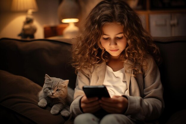 Enfant utilisant un smartphone à la maison fille bouclée tenant un téléphone portable en ligne tout en étant assis sur le canapé avec un chat de compagnie le soir Génération Alpha ou natifs numériques