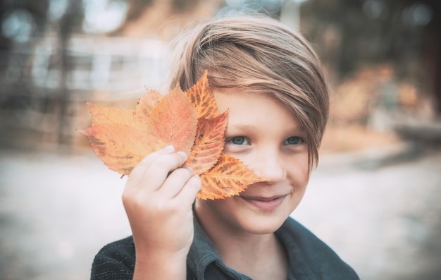 Enfant en vacances d'automne à la ferme au revoir été salut automne enfant blond jouant avec des feuilles et des toilettes