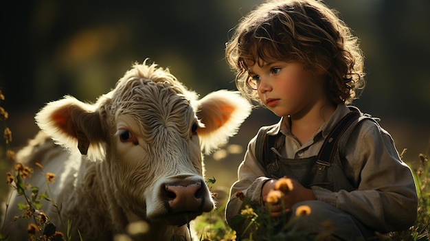 Photo enfant avec une vache dans le champ