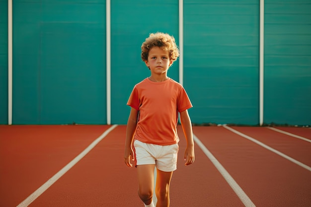 Un enfant en vêtements de sport sur un tapis roulant