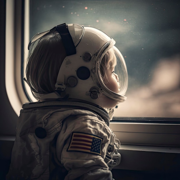 Un enfant vêtu d'une combinaison d'astronaute regarde par la fenêtre.