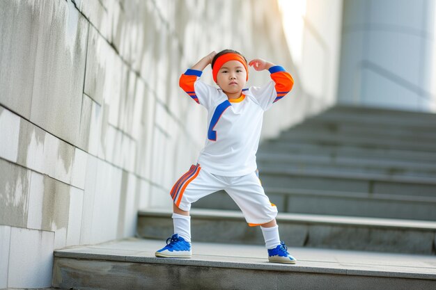 Enfant vêtu d'un mini-uniforme imitant les poses des athlètes célèbres