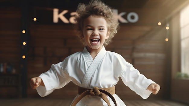 Photo une enfant vêtue d'un kimono de karaté blanc pratique le taekwondo, le karaté et le judo.