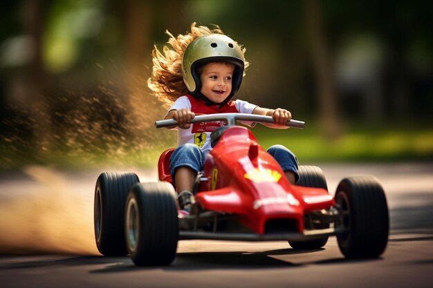 Un Enfant Sur Une Voiture De Course Rouge Avec Le Numéro 3 Sur Le Devant.