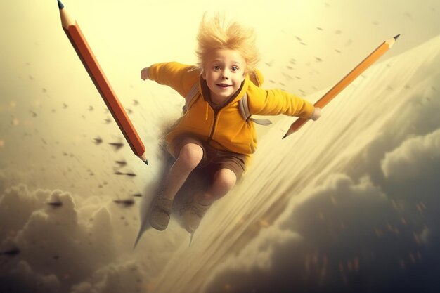 un enfant volant sur un crayon