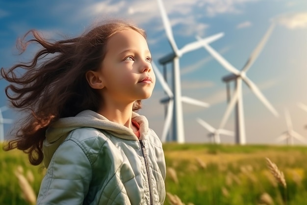 Des enfants adorables, une fille debout dans une ferme d'éoliennes avec un concept d'énergie générative au soleil.