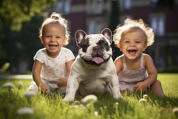 Photo des enfants adorables rient et jouent avec un bulldog dans le parc.