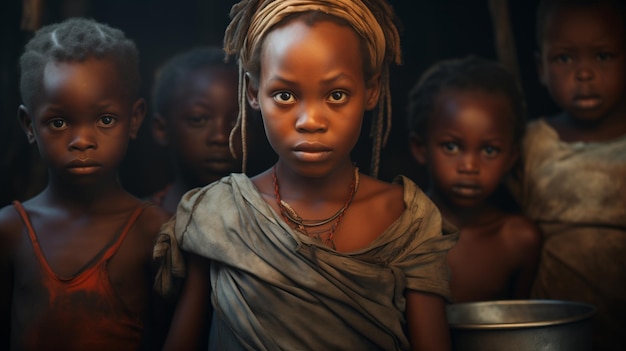 Des enfants africains affamés mendiant de la nourriture Malnutrition portrait d'enfants réfugiés Afrique pauvreté visages pauvres d'enfants portrait