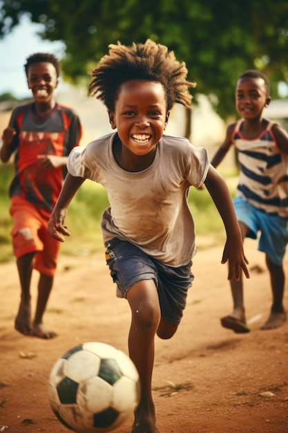 Des enfants africains dans les bidonvilles s'amusent à taper du ballon sur le terrain de football dans le village de bidonvils