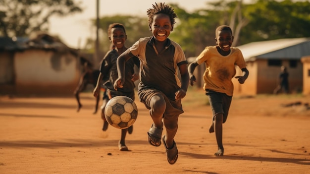Photo des enfants africains dans les bidonvilles s'amusent à taper du ballon sur le terrain de football dans le village de bidonvils