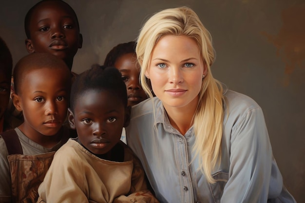 Des enfants africains et une enseignante blanche blonde.