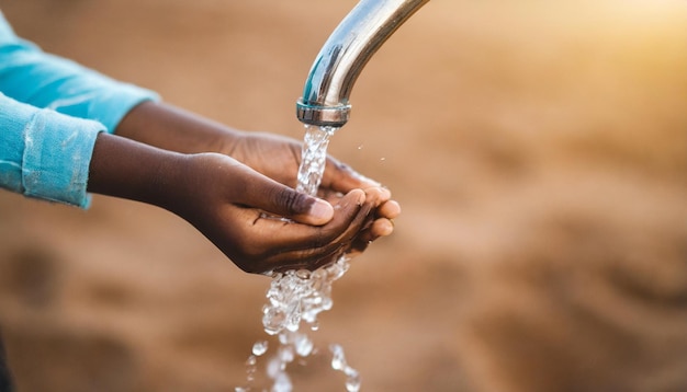 Des enfants africains mettent la main sur un robinet d'eau propre, symbolisant l'accès aux ressources essentielles et l'espoir de vivre.