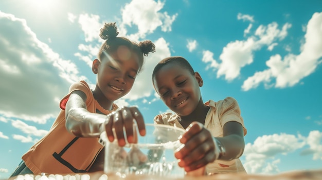 Des enfants africains recueillent de l'eau avec un récipient en plastique Attitude positive envers la pénurie d'eau