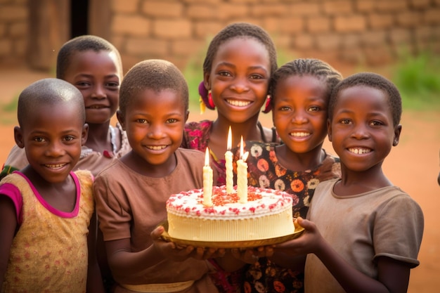 Enfants africains tenant un gâteau d'anniversaire pour célébrer le joyeux anniversaire