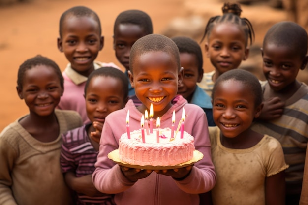 Enfants africains tenant un gâteau d'anniversaire pour célébrer le joyeux anniversaire