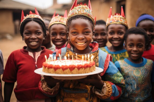 Enfants africains tenant un gâteau d'anniversaire pour célébrer le joyeux anniversaire