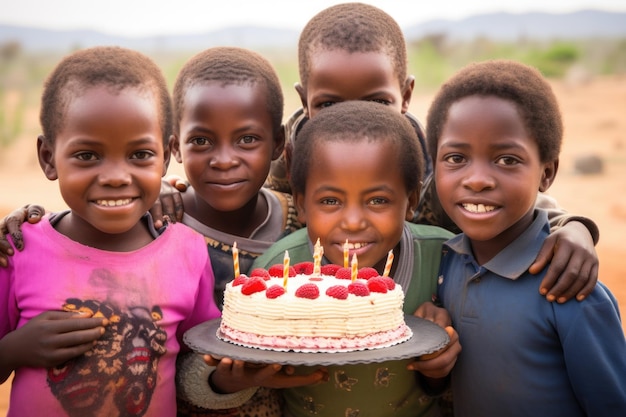 Enfants africains tenant un gâteau d'anniversaire pour célébrer le joyeux anniversaire