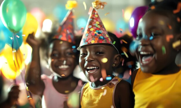 Des enfants afro-américains heureux ayant des enfants Une fête d'anniversaire heureuse avec des confettis et des scintillants