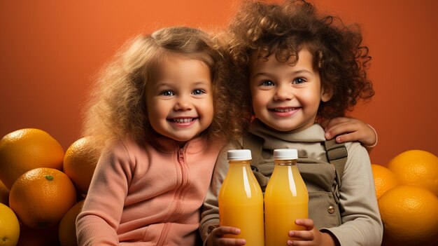 Photo des enfants afro-américains heureux tenant des bouteilles de jus et des oranges au jus d'orange