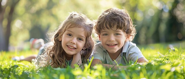 Des enfants allongés sur l'herbe verte dans le parc L'interaction des enfants