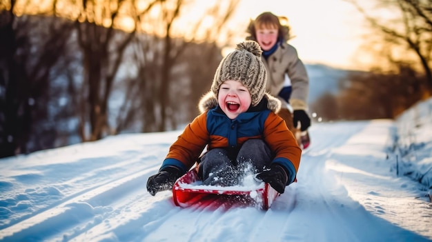 Des enfants amusants d'hiver en traîneau sur une colline enneigée AI générative