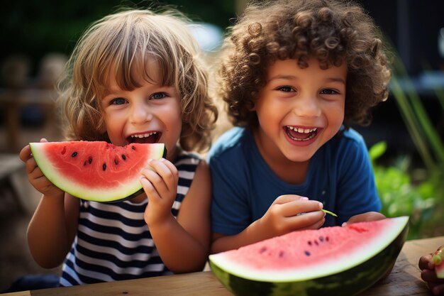 Enfants appréciant la pastèque lors d’un barbecue dans la cour