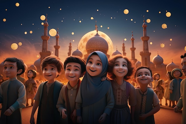 Des enfants arabes et des amis souriants célèbrent l'Aïd al-Adha sur la surface de la lune avec des mosquées, des bâtiments, des cafés et des jardins derrière eux au coucher du soleil.