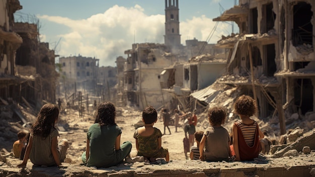 Des enfants arabes malheureux s'assoient dans la rue et regardent les ruines d'un bâtiment dans une ville du Moyen-Orient. Des enfants tristes près de maisons détruites pendant la guerre. Concept du conflit Palestine-Israël Enfance musulmane IA générative.