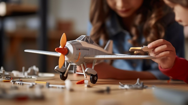 Les enfants assemblent un modèle de jouet d'un avion vintage à la maison