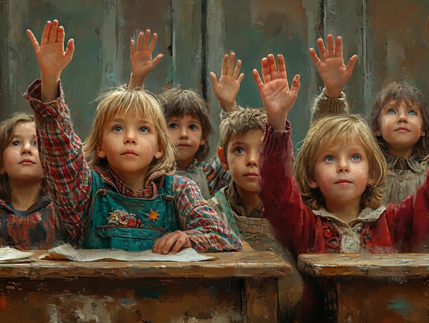 Photo les enfants assis à des bureaux dans la salle de classe lèvent les mains