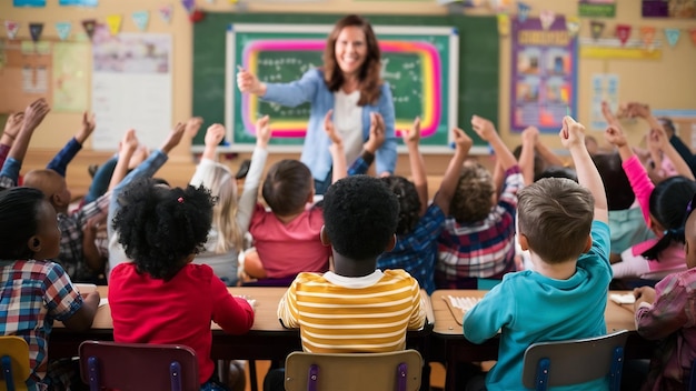 Des enfants assis en classe avec l'enseignant