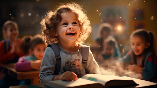 Des enfants assis avec des livres à l'école