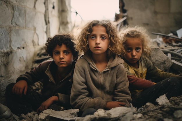 Des enfants assis sur une maison en ruines.