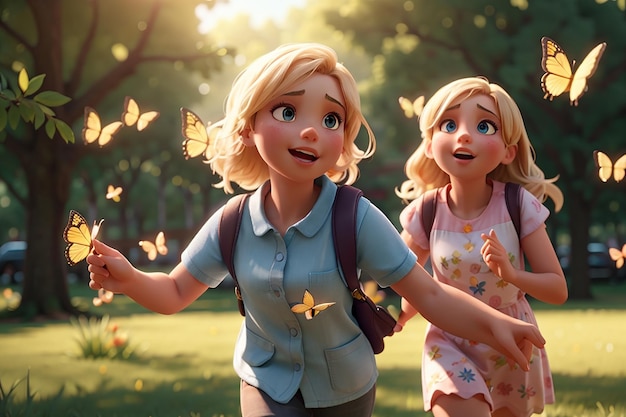 Enfants attrapant un papillon dans le parc