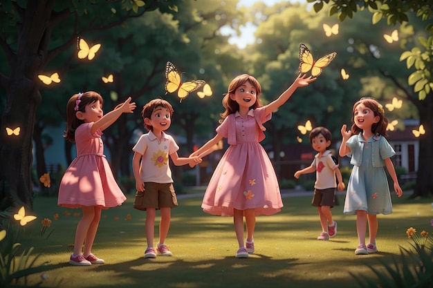 Enfants attrapant un papillon dans le parc