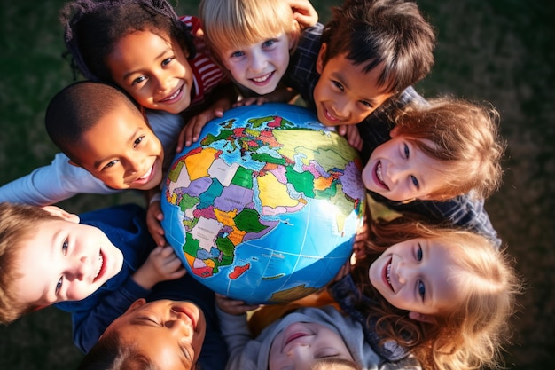 Photo enfants autour d’une photo vue de dessus du globe