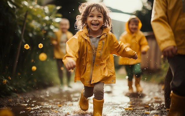 Les enfants en bottes de pluie jaune vif IA générative