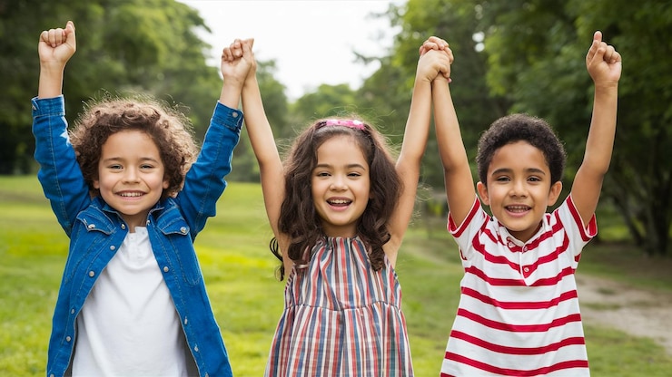 Photo enfants avec les bras levés en l'air l'un d'eux porte une chemise à rayures rouges et blanches