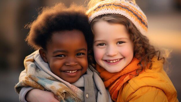 Photo les enfants caucasiens et africains apprennent l'amitié et le succès