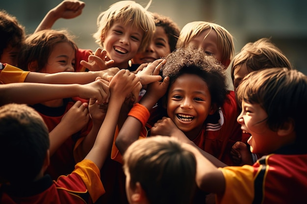 des enfants célébrant ou serrant la main à des adversaires dans un spectacle d'esprit sportif