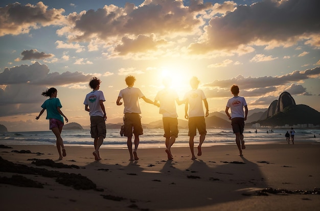 Des enfants célèbrent la fête de l'indépendance du Brésil au coucher du soleil.